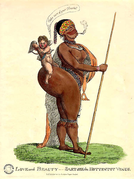 Una caricatura del siglo XIX de Saartje Baartman, una mujer Khoi-san que era exhibida desnuda en una jaula como una atracción complementaria en Inglaterra, ante la indignación de la Asociación Africana. Después de su muerte, sus genitales fueron diseccionados y moldeados en cera. Nelson Mandela solicitó formalmente a Francia el regreso de sus restos, que habían sido guardados en el Musée de l'Homme de París hasta 1974.