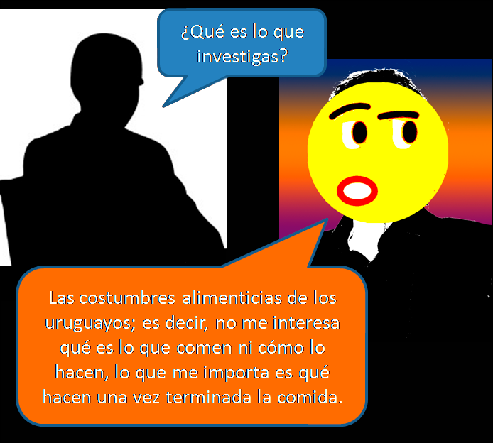 Entrevistado: ¿Qué es lo que investigas? Entrevistador: Las costumbres alimenticias de los uruguayos; es decir, no me interesa qué es lo que comen ni cómo lo hacen, lo que me importa es qué hacen una vez terminada la comida.