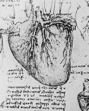 Dibujo del corazón y las arterias con sus anotaciones que se leen a través de un espejo.