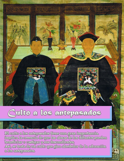 El culto a los antepasados tiene una gran importancia. Implica la creencia de que las almas de los difuntos pueden beneficiar o castigar a sus descendientes.  Así, se trata de un culto que gira alrededor de la adoración a los antepasados.