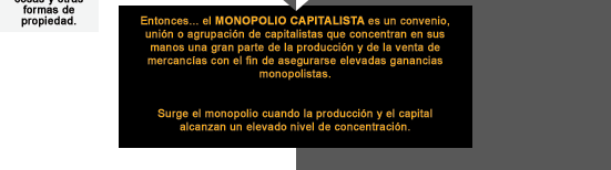 Entonces... el MONOPOLIO CAPITALISTA es un convenio, unión o agrupación de capitalistas que concentran en sus manos una gran parte de la producción y de la venta de mercancías con el fin de asegurarse elevadas ganancias monopolistas. Surge el monopolio cuando la producción y el capital alcanzan un elevado nivel de concentración. 