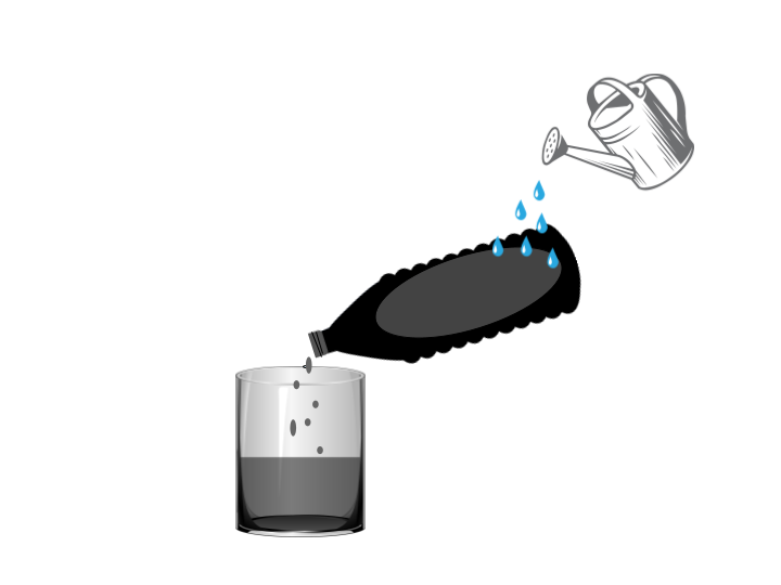 Imagen del resultado del experimento, donde en el recipiente que recoge el agua, la misma está negra porque tiene tierra.