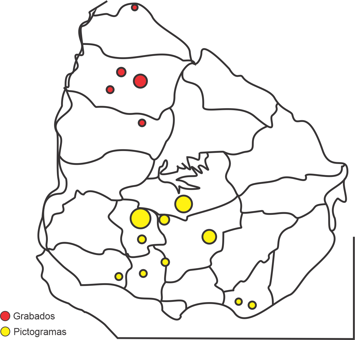 Ubicación de sitios de arte rupestre en Uruguay