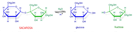 Disacárido sacarosa y las unidades de monosacárido que la forman, glucosa y fructosa