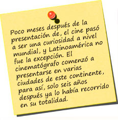 Poco meses después de la presentación de, el cine pasó a ser una curiosidad a nivel mundial, y Latinoamérica no fue la excepción. El cinematógrafo comenzó a presentarse en varias ciudades de este continente, para así, solo seis años después ya lo había recorrido en su totalidad.
