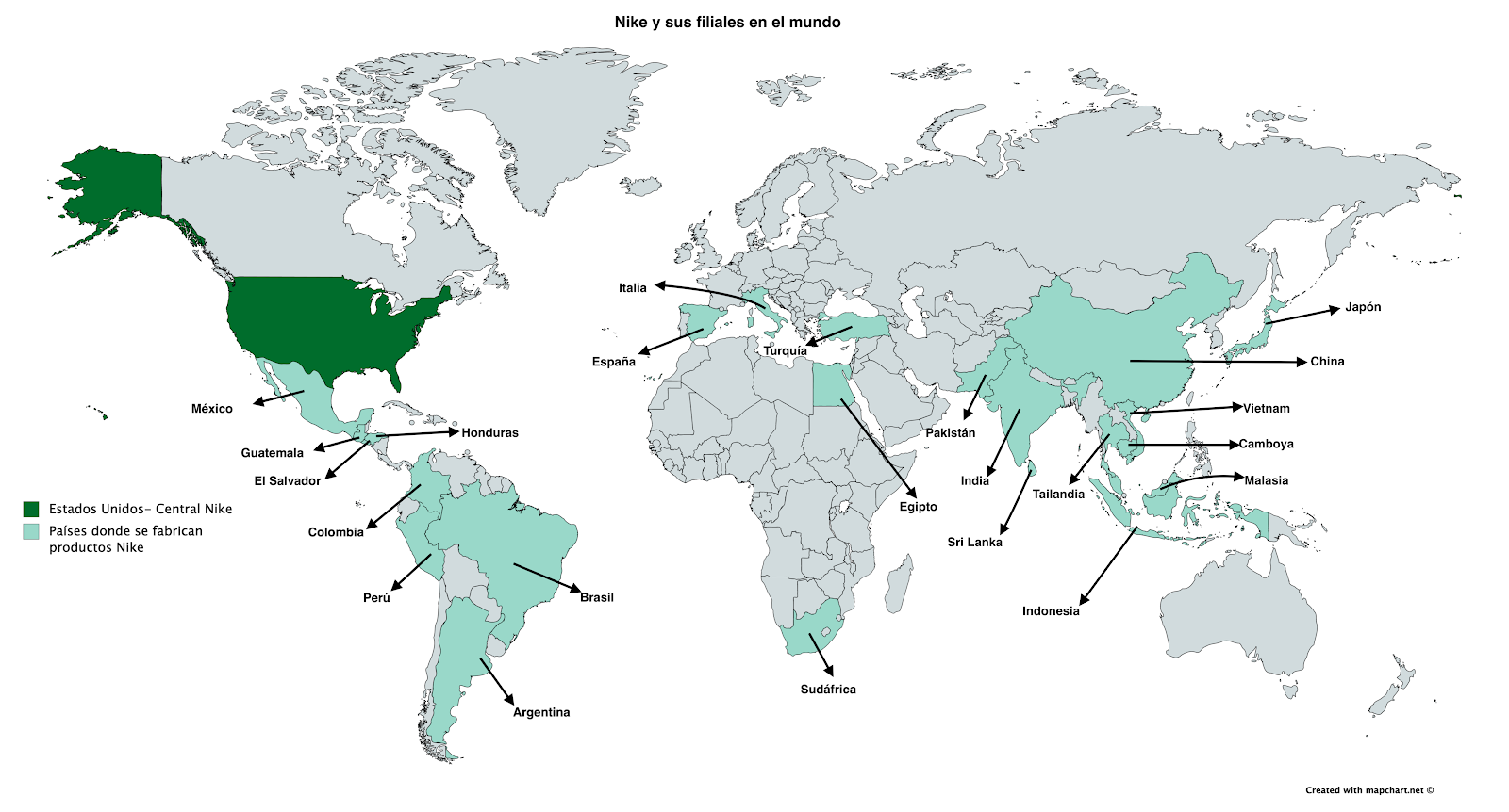 Planisferio con distribución geográfica de marca Nike