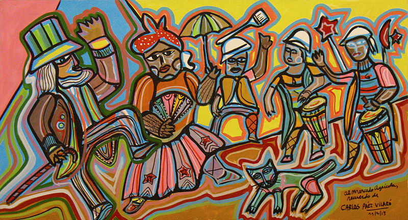 Mural del Mercado Agrícola de Carlos Páez Vilaró. Personas bailando candombe, alegres y disfrutando el momento. Colores rojo, amarillo, naranja, verde.