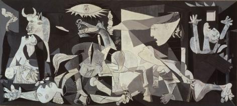 El Guernica Pablo Picasso. Bombardeo al pueblo de Guernica, personas llorando, sufriendo y gritando. Animales heridos y soldados muertos. Colores blanco, negro y gris.