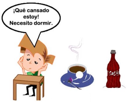 Niño con cara de cansado recostado sobre una mesa. Botella de bebida cola. Taza de café caliente