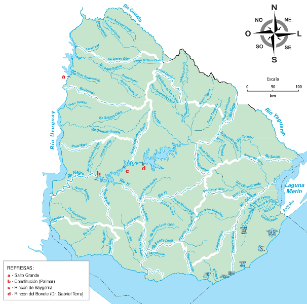 Mapa hidrográfico de Uruguay con represas marcadas