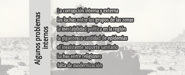 La corrupcion en la gran mayoria del africa es abismal en todas las instancias de los gobiernos, las luchas internas entre las tribus de las zonas, generan miles de muertos e inestabilidad politica en la region, la gigantesca cantidad de epidemias que azotan estos territorio ,sumado al inesxistente soporte sanitario y las luchas producto de las distinats religiones tambien son un factor influyente. 