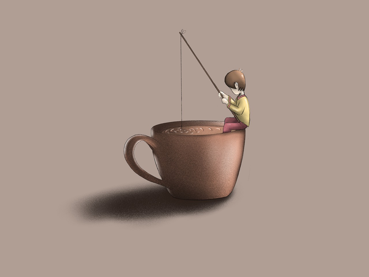 Dibujo de un niño pescando en una taza de café