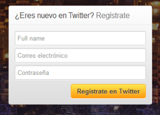 Sección que dice "¿Eres nuevo en Twitter? Regístrate". 