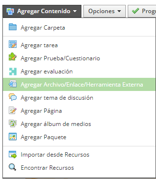 en el menú de agregar contenidos, seleccionas "herramienta externa"