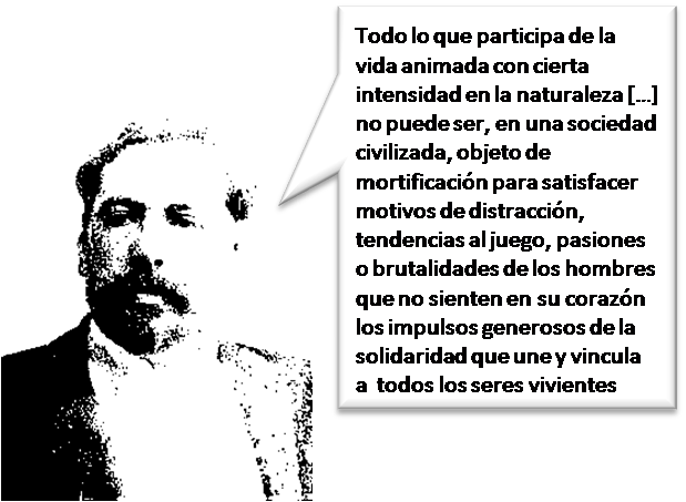 Todo lo que participa de la vida animada con cierta intensidad en la naturaleza […] no puede ser, en una sociedad civilizada, objeto de mortificación para satisfacer motivos de distracción, tendencias al juego, pasiones o brutalidades de los hombres que no sienten en su corazón los impulsos generosos de la solidaridad que une y vincula a todos los seres vivientes.